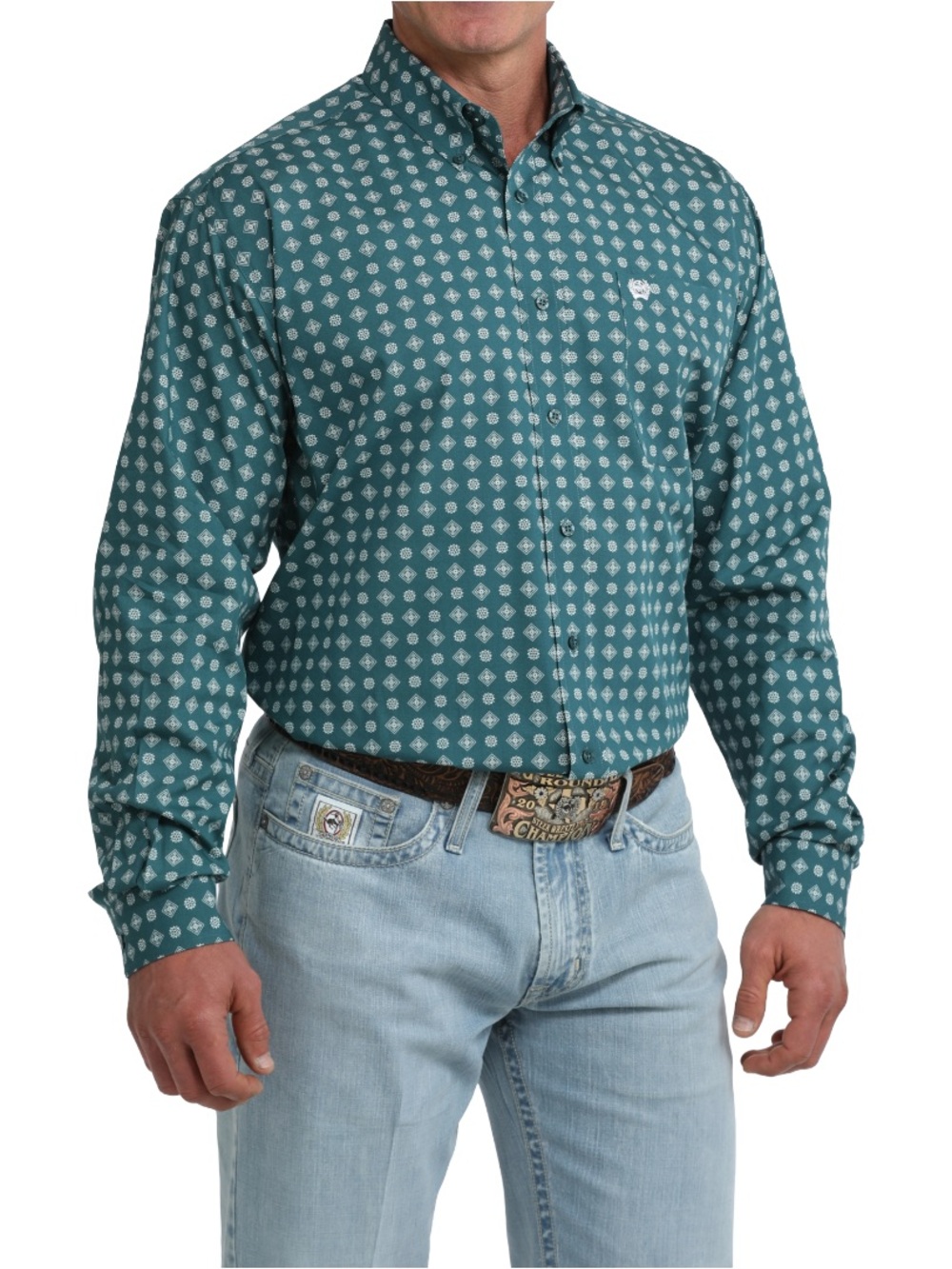 Cinch Men's Green Geometric Print Button Down Shirt Style MTW1106114, size Large